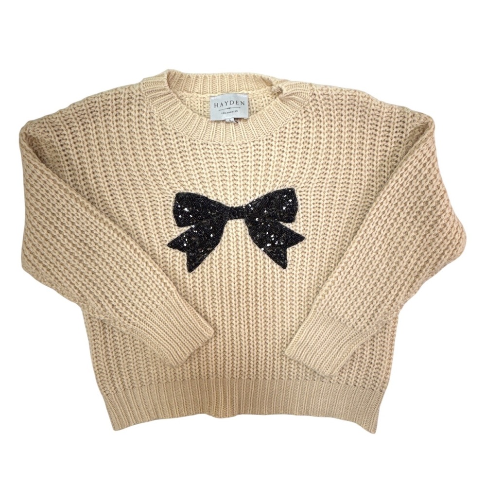 Hayden Los Angeles Cream Chunky Waffle‎ Knit Sequin Bow Sweater Small